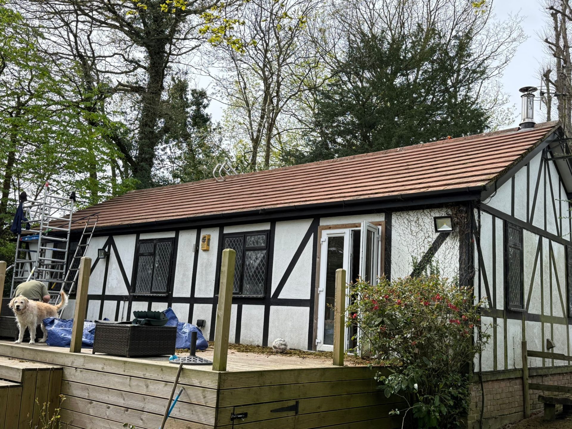 Same Tudor cottage with clean orange tiles after roof cleaning