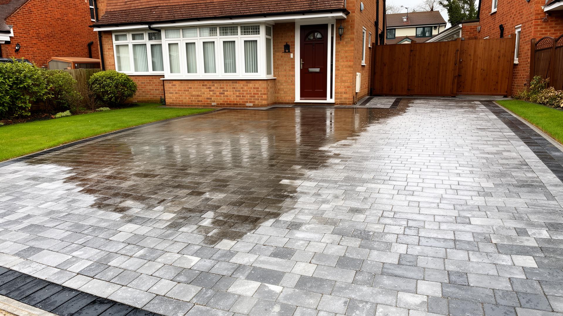 Freshly pressure-washed block-paved driveway showing dramatic before-and-after contrast outside a British home